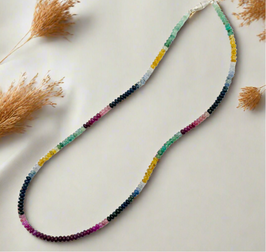 Ruby, Emerald,Sapphire Smooth Beads Necklace